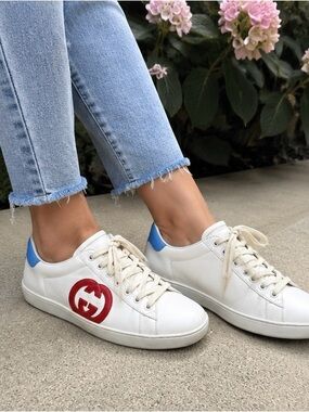 Gucci Ace Sneakers White Leather with Red Interlocking G & Blue Heel Tabs